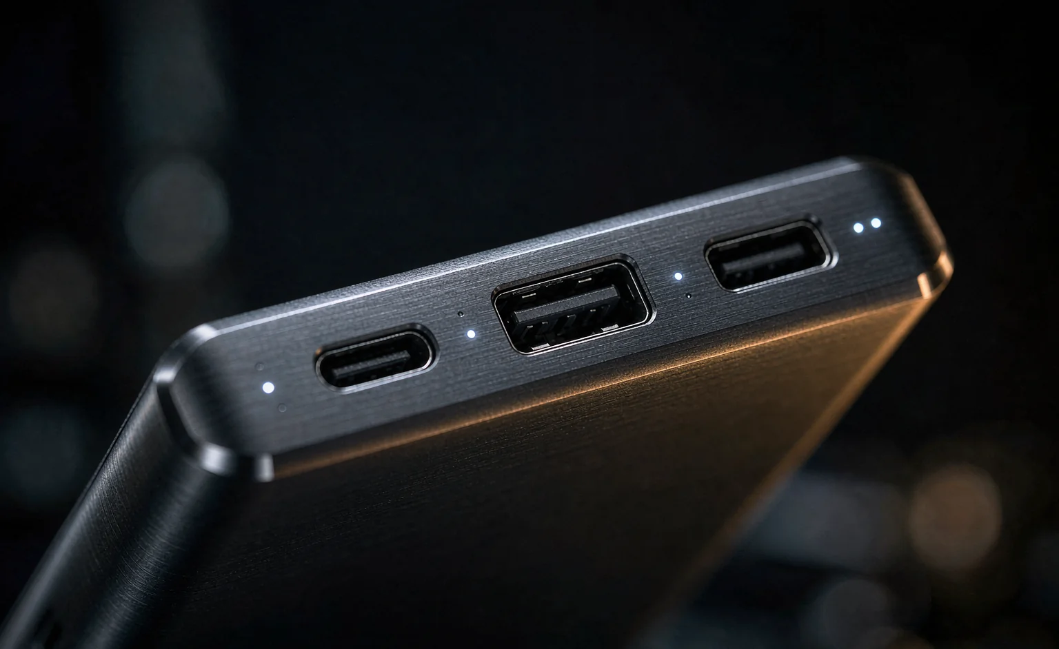 P20 Ultra 机身顶部接口微距特写，两个 USB-C 与一个 USB-A 接口及指示灯